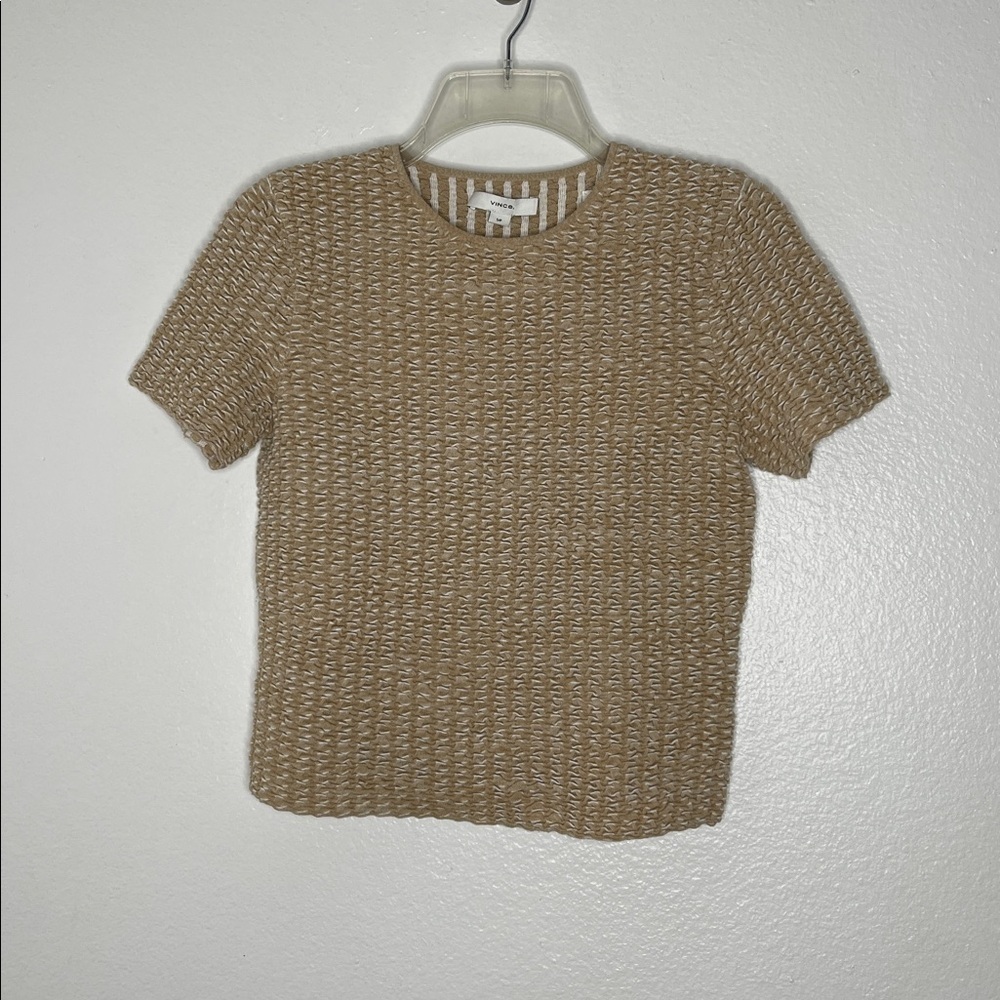 Vince Textured Short Sleeve Stretch Sweater Gold Tan Heavy Knit Small